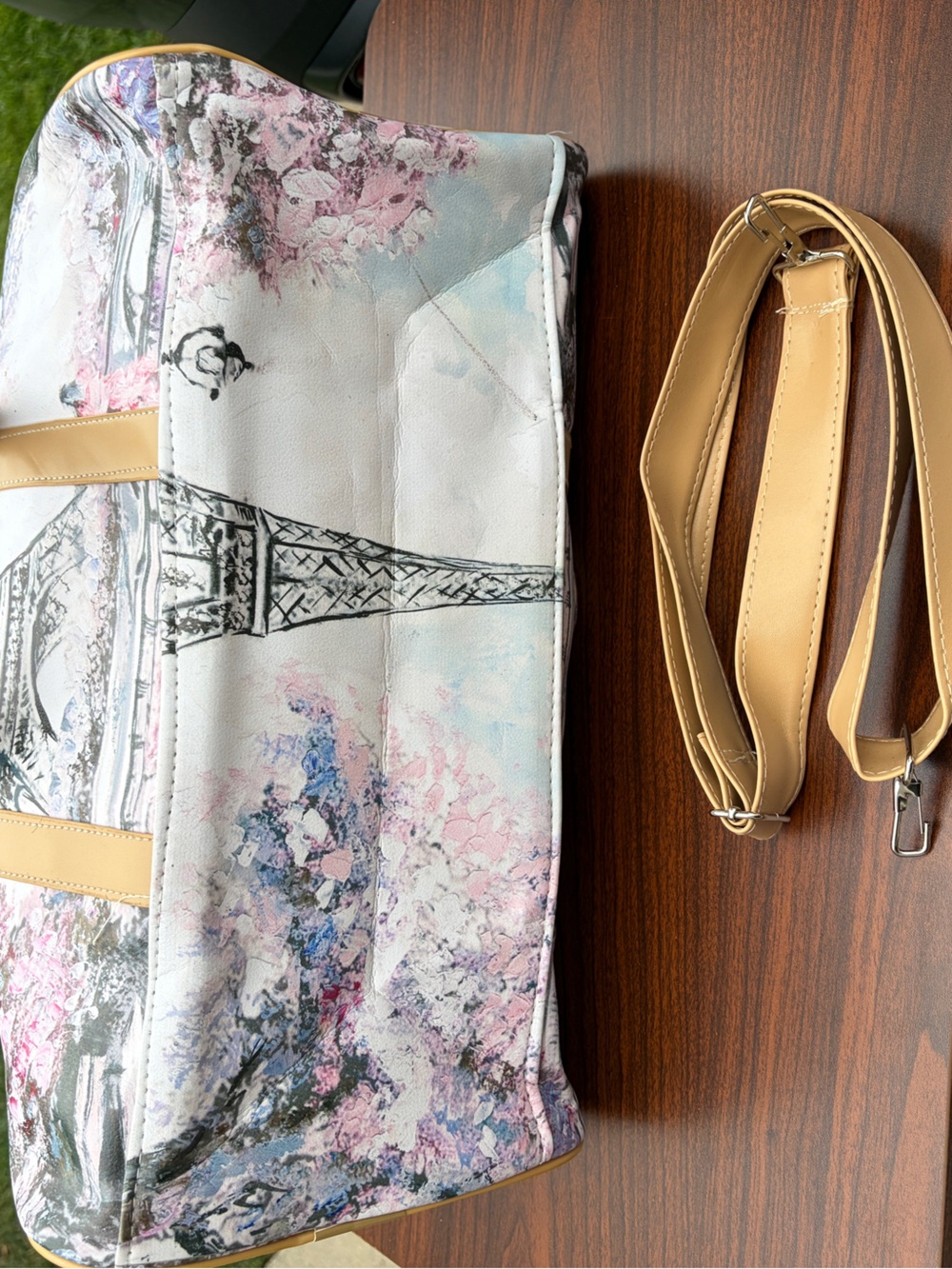 Paris Eiffel Tower Floral Weekender Duffel Bag Shoulder Strap New - Picture 9 of 11